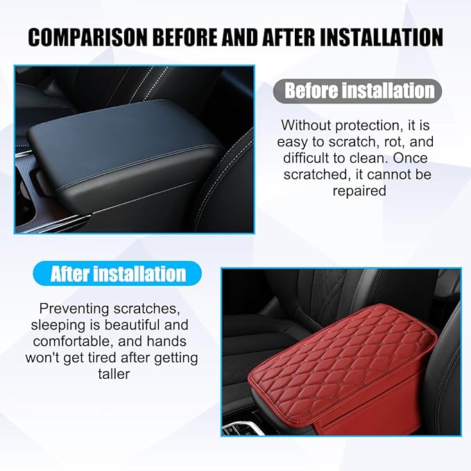 Car Center Console Cover, Leather Vehicle Armrest Cover Cushion with 2 Storage Bags, Automotive Interior Arm Rest Seat Box Pad Accessories, Universal for SUV Sedan Truck (Wine Red)