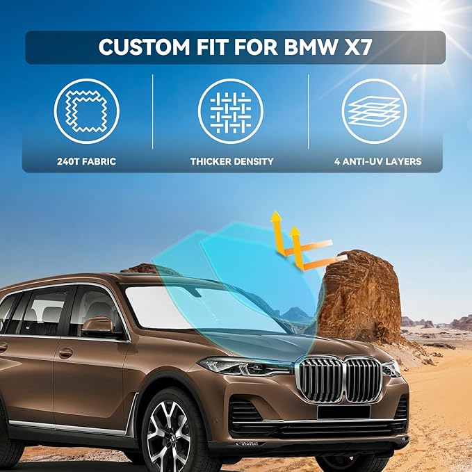 for BMW X7 2018-2025 Windshield Sun Shade - 4 Layers Car Sunshades for Front Windows Shade Cover Custom Fit BMW X7 Sunshade 240T Retractable Shade Blocks UV Rays Car Accessories
