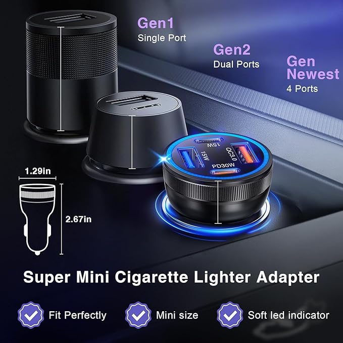 USB C Car Charger, 3 Pack 65W 4-Port Dual USBC & USB-A Car Charger Adapter Fast Charging Cigarette Lighter USB Charger Plug Cargador Carro Phone Accessories for iPhone 17 16 15 Pro Max, Galaxy S25