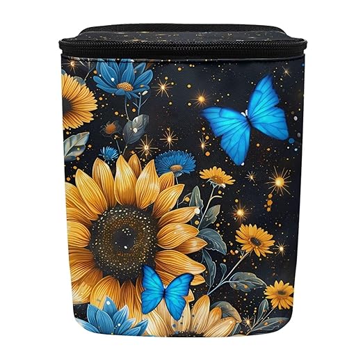 Sunflower Auto Car Trash Can Hanging Car Garbage Bag with Lid Washable Leak Proof Car Trash Bin Hanging for Front Back Seat，Blue Butterfly Sunflower Vehicle Rubbish Bin