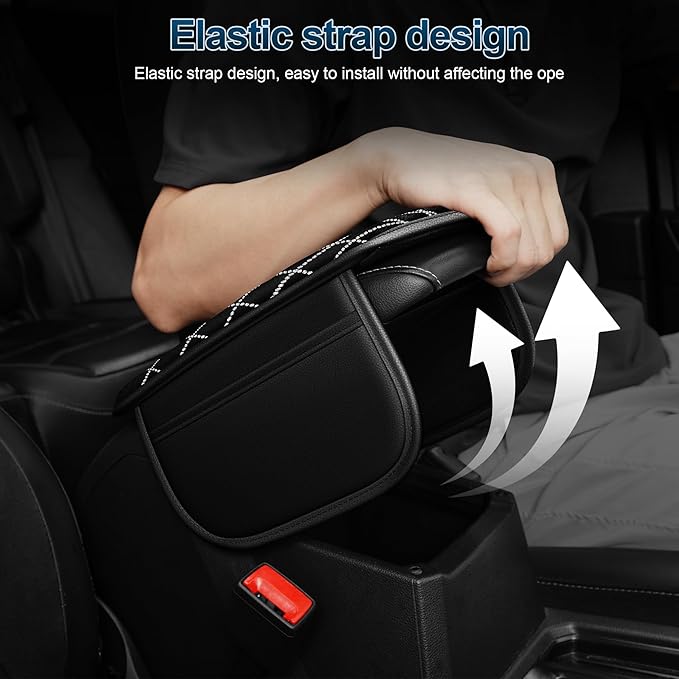 Center Console Cover Fit for CTS: Upgraded Bling Diamond Car Armrest Cover - Crystal Rhinestone Car Center Console Cover with 2 Storage Bags,Anti-Scratch Auto Armrest Pad Accessory （Black