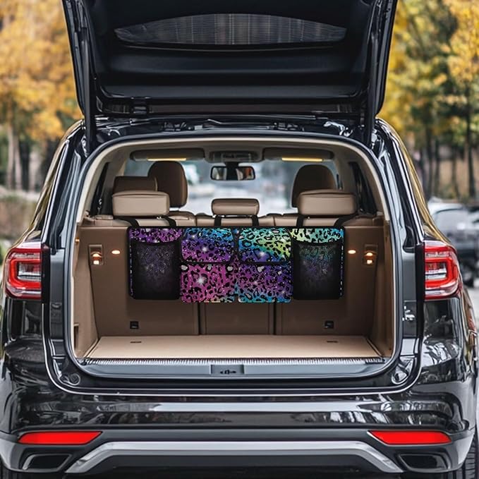 Car Trunk Organizer, Universal Car Organizers and Storage Backseat Car Organizer for SUV/Truck/MPV, Reusable Space-Saving Hanging Car Organization with 4 Pocekts, Colorful Leopard Print