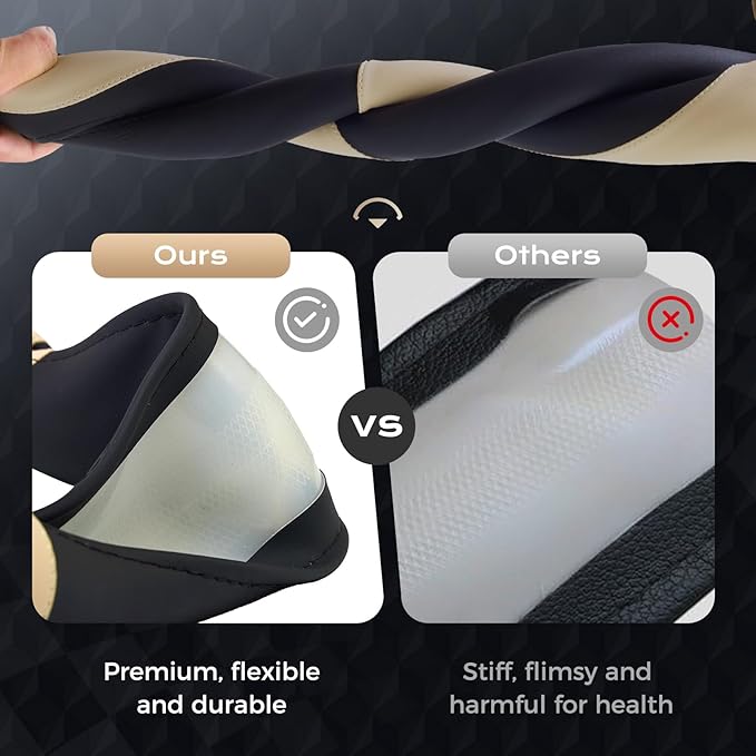 Coverado Car Steering Wheel Cover, Nappa Leather Black & Brown Steering Wheel Covers, Universal 14-15 inch, Anti-Slip, Breathable Steering Wheel Protector for Women Men