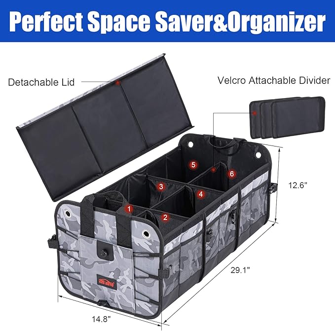 CZC AUTO Car Trunk Organizer Collapsible Cargo Trunk Storage Organizer with 6 Compartments for Car Suv Truck (Camouflage)
