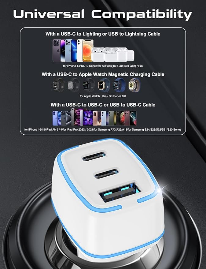 USB C Car Charger, 3 Port PD Super Mini Cigarette Lighter Adapter, 2Pack USB-C & A Fast Car Charging for iPhone 16/15 Pro Max, Galaxy S25/S24, iPad, Pixel, Android Phones,White