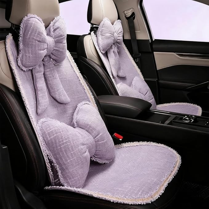 Cute Car Seat Cover for Women Include Butterfly Bow Headrest Pillow Lumbar Support Pillow and Car Front Seat Cushion and Back Cushion for Most Vehicles