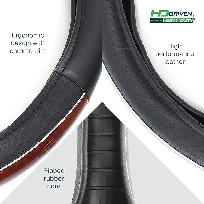 HD Driven SWC Premium Woodgrain Leather Steering Wheel Cover – 18” Diameter for Semi-Trucks, Ribbed Rubber Core & High-Performance Leather, Vehicle Accessories