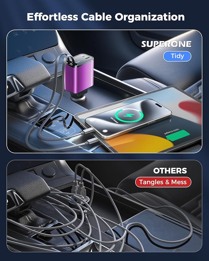 [2024 Upgraded] 4 in 1 Retractable Car Charger, SUPERONE Smaller Fast Car Phone Charger 69W with Cord, USB C and iPhone Car Charger Adapter, Compatible iPhone 17/17 Pro Max/16/15/14/13/12/11, Sumsung