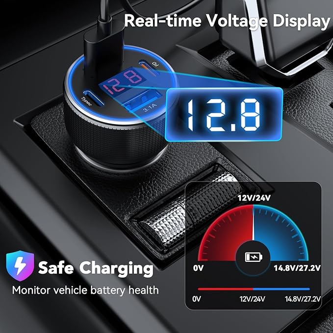 iPhone 17 Car Charger USB C Fast Charge Cable, 78W 4 Port Metal Car Phone Charger Adapter with Voltmeter PD 30W & QC3.0 Cigarette Lighter USB Adapter for iPhone 17/16/15, Galaxy, iPad, Android