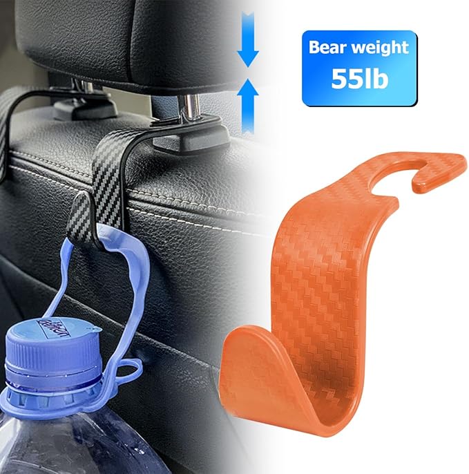 Car Back Seat Headrest Hooks, 4PCS Vehicle Backseat Storage Organizer Hanger, Multifunctional Auto Headrest Hidden Hook Universal for Handbag Purse Backpacks Bags(Carbon Fiber Orange)