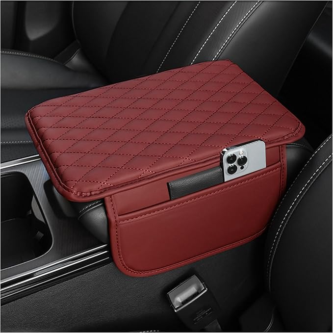 Upgraded Car Center Console Cover,Microfiber Leather Car Armrest Cover Cushion with 2 Storage Bags,Universal Cars Armrest Storage Box Cars Interior Accessories for Most Vehicles (Red)