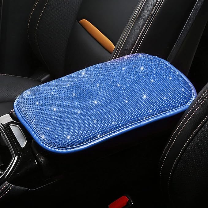 Moly Magnolia Bling Center Console Cover, Diamond Fashion ArmRest Pad, Crystal Soft Arm Rest Protective Cushion, Car Accessories for Women Girls, 11.8"×8.5" for Most of Vehicles, SUVs, Trucks (Blue)