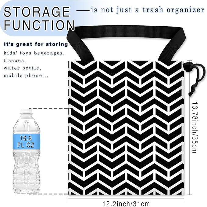 GEGEPINK Car Trash Bag Hanging Back of Seat Waterproof Small Cute Printed One-Handed Strap Drawstring Garbage Bags for Car-Black White