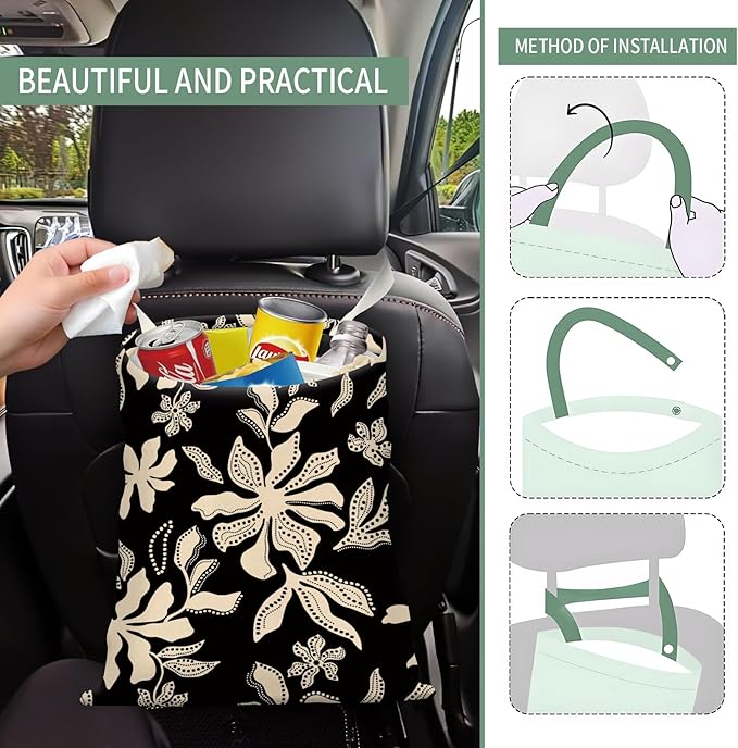AXZOPDE Cute Car Trash Can, Hanging Canvas Car Back Seat Organizer and Storage Bag, Funny Car Trash Bag for Travelling, Outdoor Cute Black White Daisy