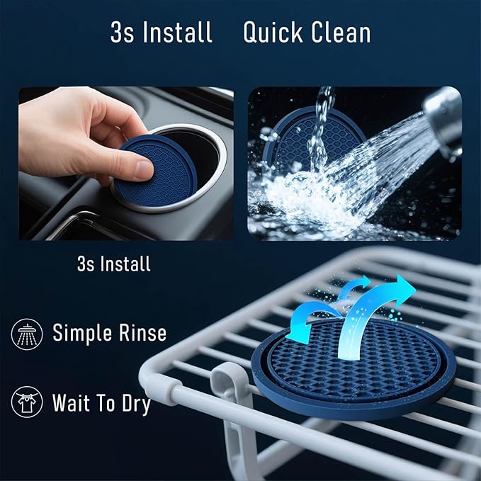 KULOLO Car Cup Holder Coaster 4 Pack - Non Slip & Shockproof,Flexible PVC Rubber Insert for Car/Truck/SUV/Van (2.75"x0.2") Universal Fit Auto Cup Holders Accessories for Women and Man (Navy Blue)