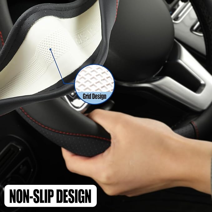Binsheo Microfiber Leather D Shaped Steering Wheel Cover, Breathable, Anti Slip, 13.5 inch to 14 inch, Black