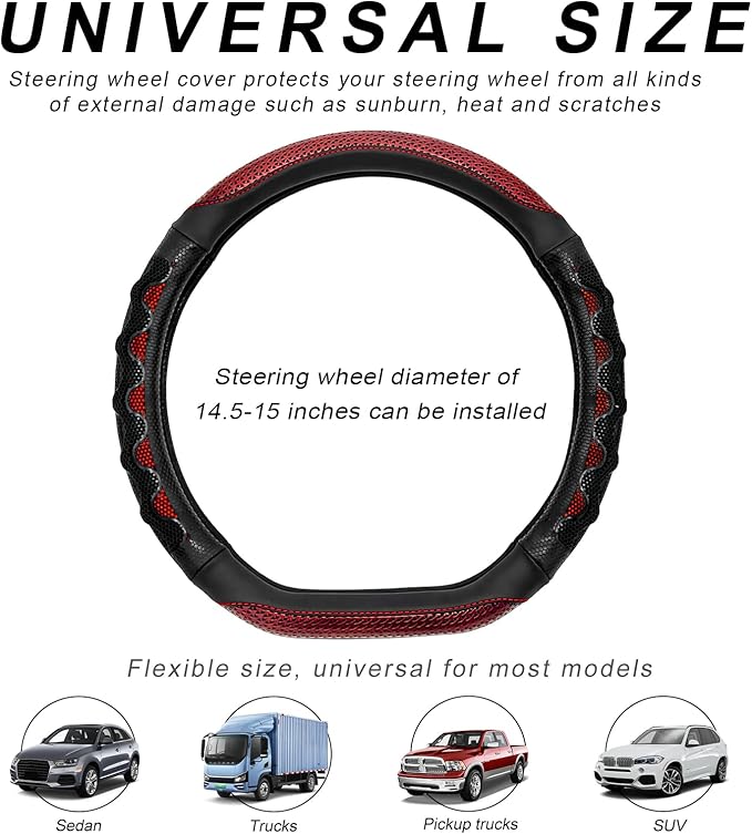 Car Steering Wheel Cover, 15 Inches Leather Comfy Grip Steering Wheel Protector with 3D Honeycomb, Anti-Slip D-Shaped Wheel Wrap Cover for Most Vehicles, Car Accessories (Red)