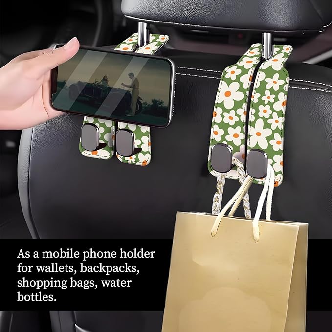 NUGGHU Car Seat Headrest Hook, Universal Leather Cute Hanger Holder Hook, Storage Organizer Interior Accessories for Purse Bags Handbag Cute Green Daisy