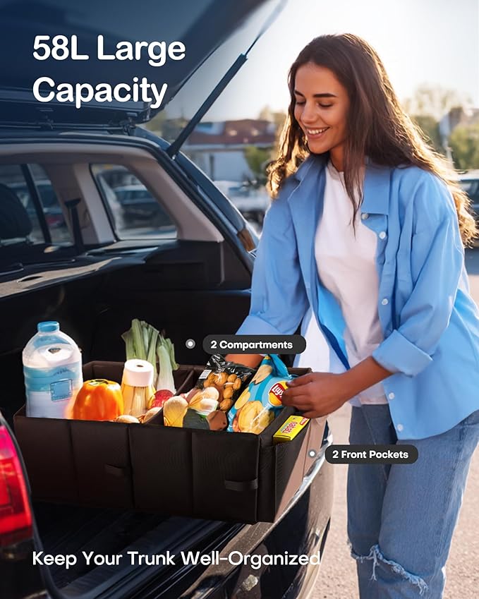 HOTOR Foldable Trunk Organizer - SUVs & Sedans, Sturdy Car Organization With 2 Compartments, Black, 23.6"×14.2"×10.6"