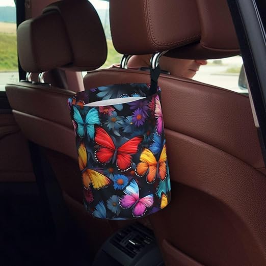 Aueimtia Colorful Butterflies Car Trash Can – Collapsible & Waterproof Hanging Trash Bag, Pop-Up Garbage Bin for Cars, Trucks, Minivans, and Camping – Easy to Install & Clean