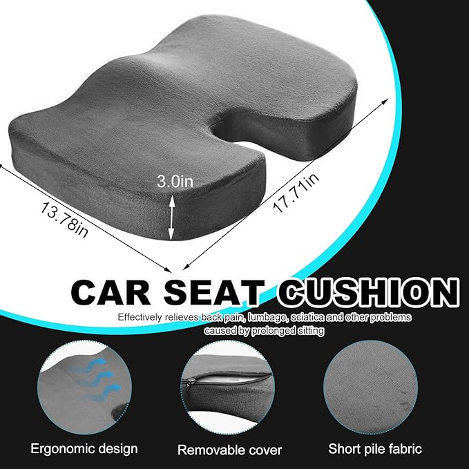 Memory Foam Seat Chair Cushion, Comfortable Auto Cushions for Long Periods of Sitting, Pregnancy Car Seat Cushion for Back, Coccyx & Sacrum Pain Relief (Grey)