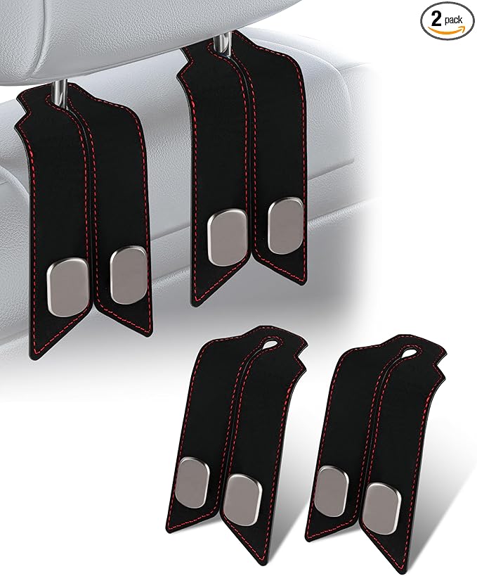 atFivoy 2Pcs Car Headrest Hooks with Premium Leather, Upgraded Double Metal Hooks with Anti-Drop Design, Universal Back Seat Hanger for Bags, Coats, Purses and Groceries (Classic Black)