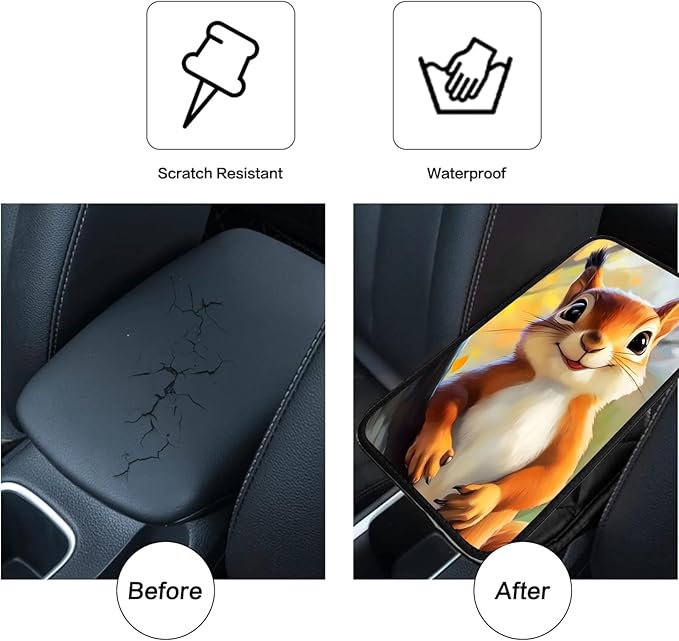 JANENFNA Car Armrest Cover Pads Universal Fashion Cute Auto Center Console Armrest Cover Pad with 2PCS Car Coasters Soft Waterproof Car Armrest Seat Protector for Women,Cute Squirrel