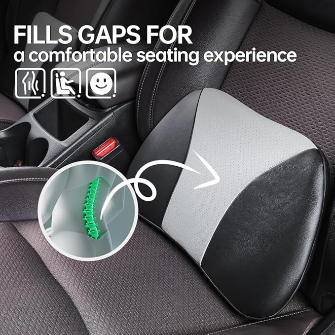 Aerovia 1p Memory Foam Lumbar Support Pillow for car Lower Back Pain Relief - Back Cushion for Driving, Chair Support for Car-Office Chair（Black&Grey）