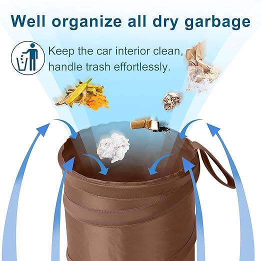 Kincown Car Trash Can, 2 Packs Mini Collapsible Car Trash Bin for Front Back Seat, Pop up Car Garbage Can, Portable Car Trash Bag Hanging for Vehicle SUV Rv Truck Accessories Interior, Brown