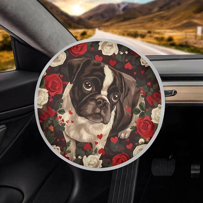 17x17 inch Steering Wheel Sun Shade Retro Pug Dog Love Pattern Universal Block UV Rays Car Rudder Visor Steering Wheels Accessories Universal Fit Car SUV Truck Van