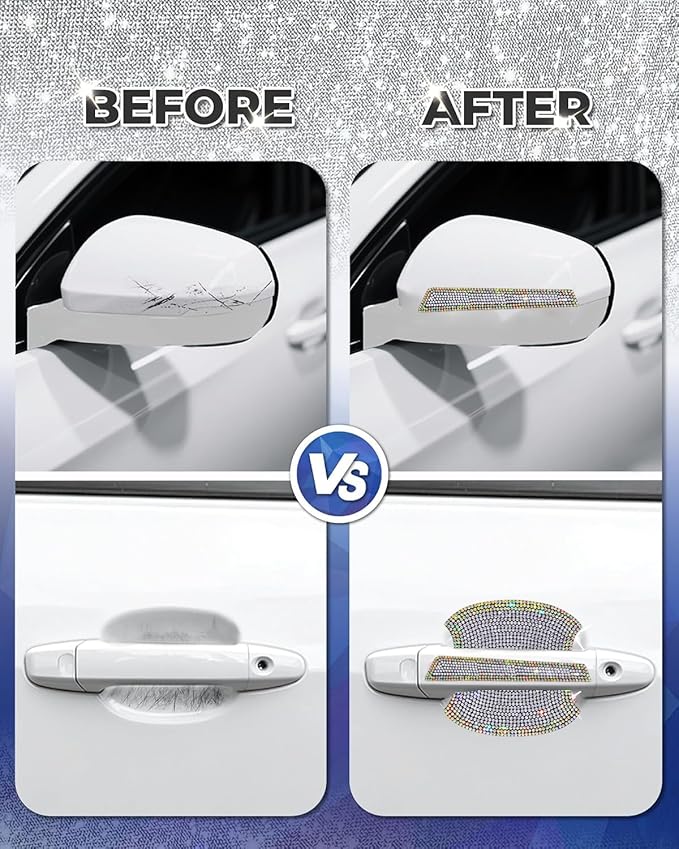 8Pcs Bling Car Door Handle Protector Stickers,Crystal Rhinestone Glitter Car Door Handles Cup Scratch Protectors Decals Universal (Colorful White)