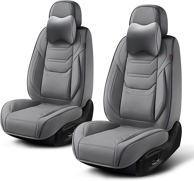 TIEHESYT Leather Seat Covers Front Pair with Lumbar Support & Headrest, Breathable and Waterproof Car Seat Cover, Universal Seat Covers for Cars, Trucks, SUVs, Airbag Compatible, Gray