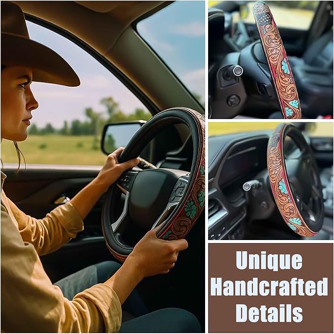 Retro Western Cowboy Car Universal Steering Wheel Cover, Embossed Handcrafted Tooled Leather Western,Anti Slip, Auto Interiors Accessories,Breathable for Trucks SUVs Cars (A)
