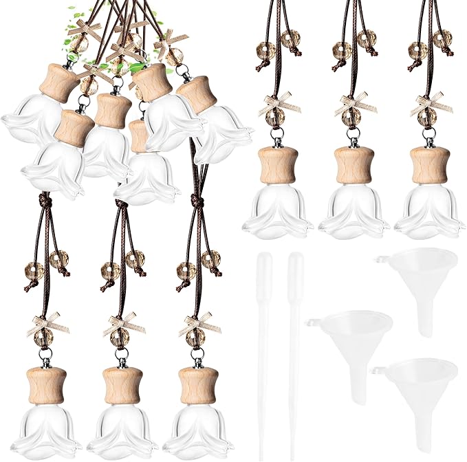 GTWYGT 6 Pack Leak-Proof Hanging Car Diffuser - 8ml Refillable Empty Bottles with Wood Caps, 3 Funnels & 2 Droppers - Essential Oil Air Freshener for Car, Home or Office (6, Rose)