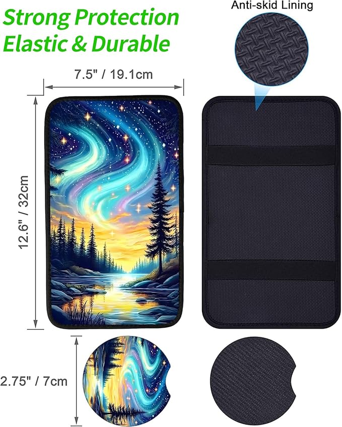 JANENFNA Car Armrest Cover Pads Universal Fashion Cute Auto Center Console Armrest Cover Pad with 2PCS Car Coasters Soft Waterproof Car Armrest Seat Protector for Women,Colorful Aurora