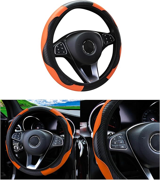 Car Steering Wheel Cover, 15 inch Carbon Fiber Microfiber PU Leather Elastic Steering Wheel Protector for Men Women, Anti-Slip Breathable Car Interior Accessories for Most Cars (Orange)