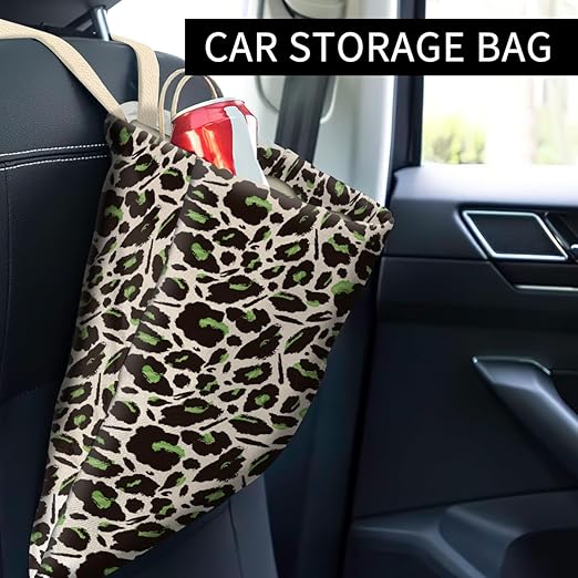 Car Trash Can, Cute Car Trash Bag, Hanging Car Organizer and Storage Bag, Trash Bin for Car Accessories, Vehicle, Travelling, Camping Black Green Leopard