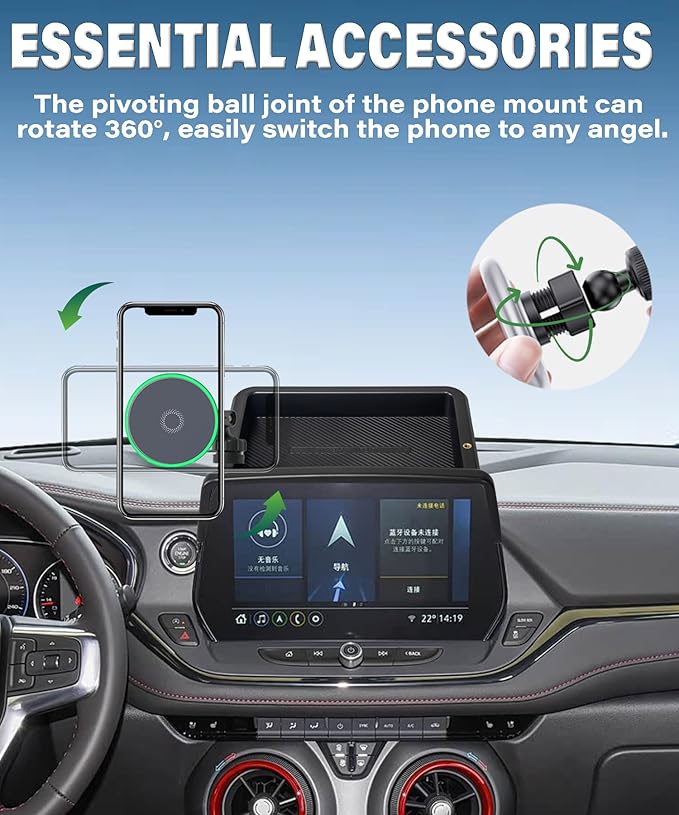 AbeeyGeomarn Car Phone Holder for Chevrolet Blazer 2023 2024 2025 2026 Accessories 10.2 Inch Touch Screen Fixed Clip 15W Fast Wireless Charger Cell Phone Mount with Dashboard Storage Tray