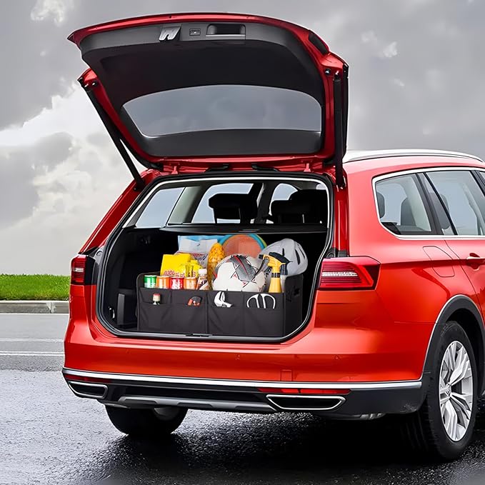Trunk Organizer For Suv & Sedan,Car Organizers and Storage, Waterproof Collapsible & Adjustable Straps,35L Sturdy Car Organization for Car Accessories, Tools,Sundries,2 Compartment（Black）