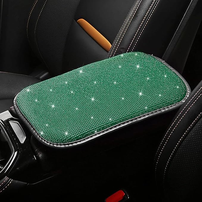 Bling Center Console Cover, Diamond Fashion ArmRest Pad, Crystal Soft Arm Rest Protective Cushion, Car Accessories for Women Girls, 11.8"×8.5" for Most of Vehicles, SUVs, Trucks (Black&Green)