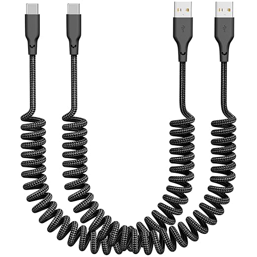 Eettvekd Coiled Car Carplay Charger Fast Charging，[2-Pack, 3Ft] Retractable Braid USB A to USB C Cable for iPhone 17/16/15/Plus/Pro Max/MacBook Pro, Type-C Cord,Black