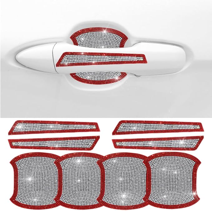 8Pcs Bling Car Door Handle Protector Stickers,Crystal Rhinestone Glitter Car Door Handles Cup Scratch Protectors Decals Universal (Red White)