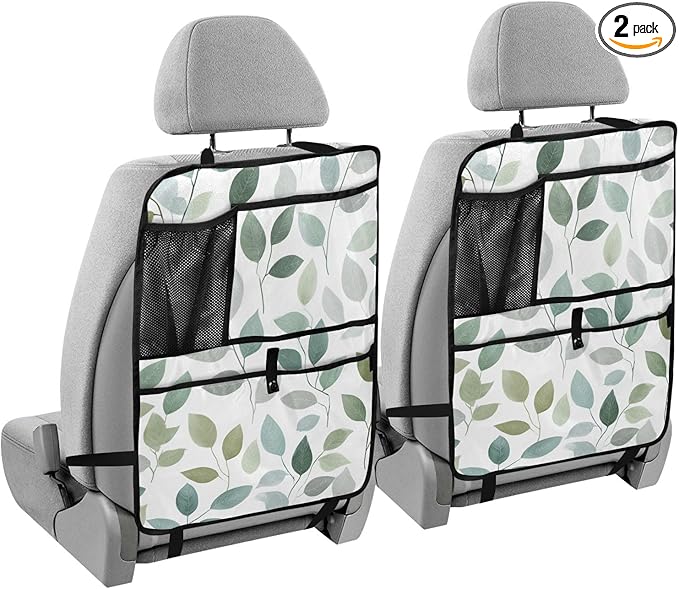 2 Pack Back Seat Car Organizer with Storage Pockets Kick Mats Back Seat Protector Hanging Car Organizer Automotive Seat Back Cover Organizers Fresh Green and Grey Leaves