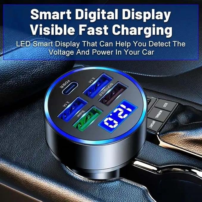 120W 5-Port Car Charger with PD Fast Charging & LED Voltage Display – USB C Cigarette Lighter Adapter (4 USB + 1 PD) for iPhone, Android & Multiple Devices