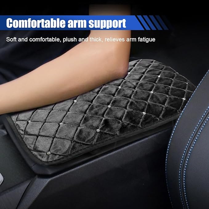 Plush Car Center Console Pad, Bling Diamond Car Armrest Cover, Soft Seat Box Cover Protector, Universal Car Interior Decoration Accessories Fit Most Vehicle, SUV, Truck, Car (Black)