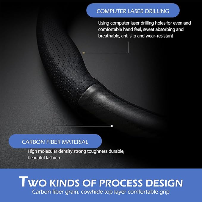 Car Steering Wheel Cover, Carbon Fiber Trim Breathable Sweat-absorbent Protector, Close Fitting Non-slip and Scratch-resistant Cover for All Seasons, for Most Cars Trucks (Black #D-shaped)