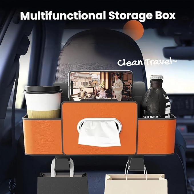 Car Organizers and Storage Box, 2026 New Multifunctional Car Seat Back Storage Box, Multifunctional Car Back Seat Storage Organizer-Carstorage Bag with 2 Cup Holders, Tissue Box, Hooks (Black)