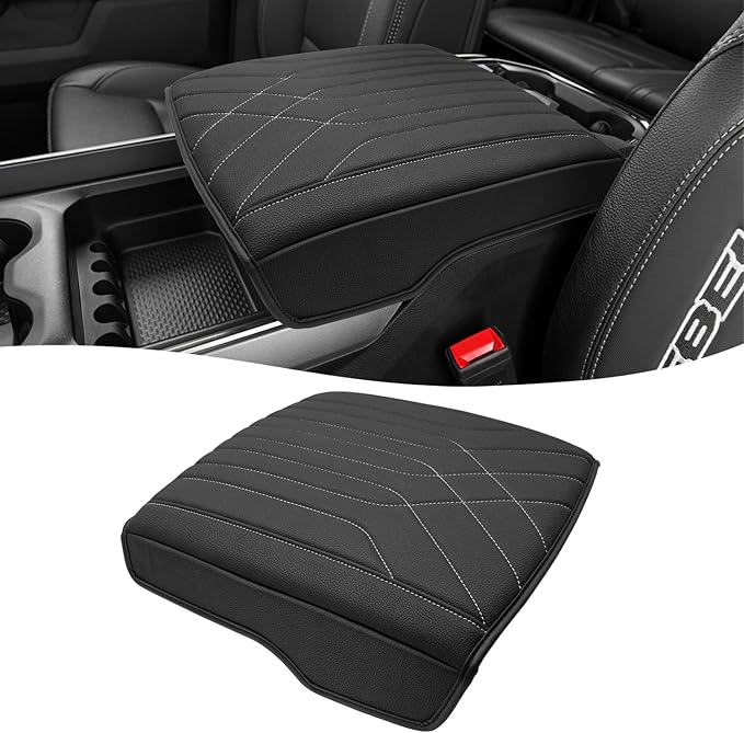 KBH Center Console Armrest Cover for 2019-2026 Dodge Ram 1500 2500 3500 5th Gen, Floor Console Bucket Seat, Arm Rest Cushion Pad Protector, Vinyl Leather, Black-Gray Stitches