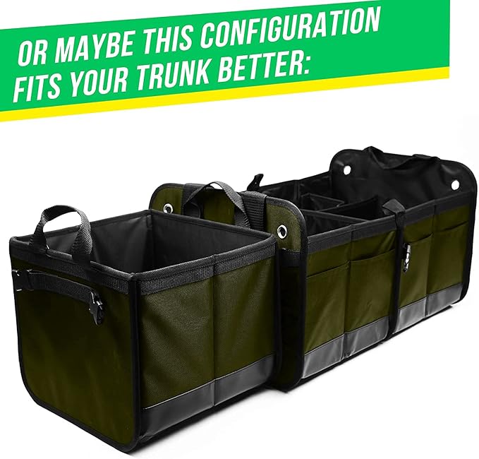 DURABLEZ Heavy Duty 3-Section Trunk Organizer – Extra Large Collapsible & Foldable Cargo Box, Modular Car Storage System for SUV, Truck, Van – Green