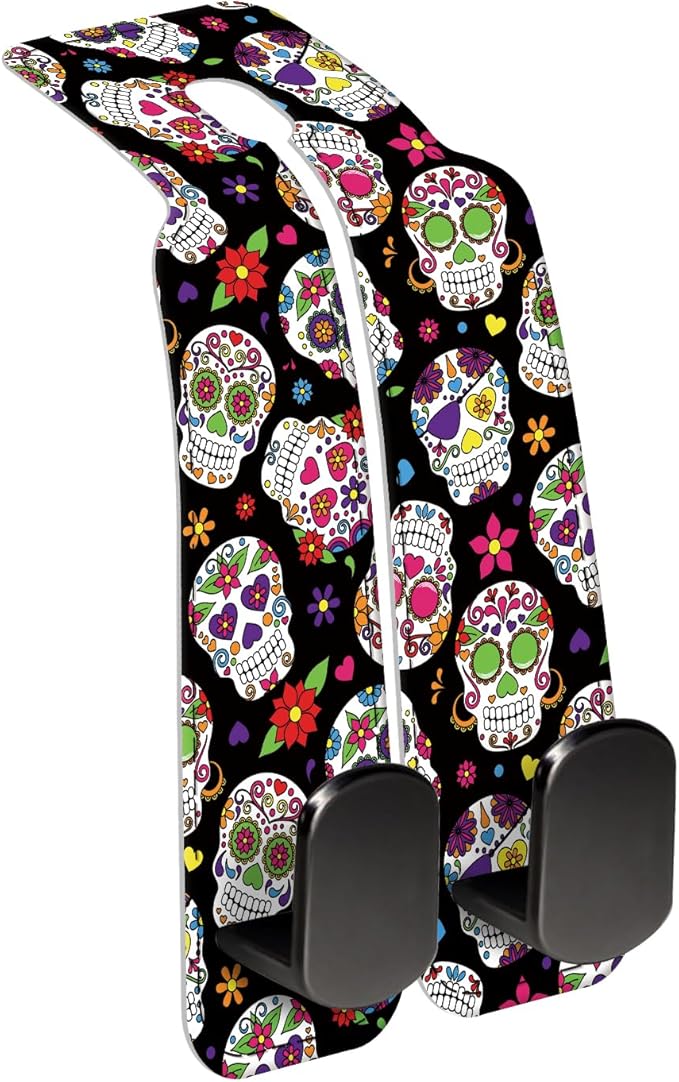 AXBSAKDI Car Seat Back Storage Headrest Hook, Premium Leather Double Metal Hook, Hanger Storage Organizer for Purse Cloth Bag, Car Interior Accessories Luxury Flower Skull